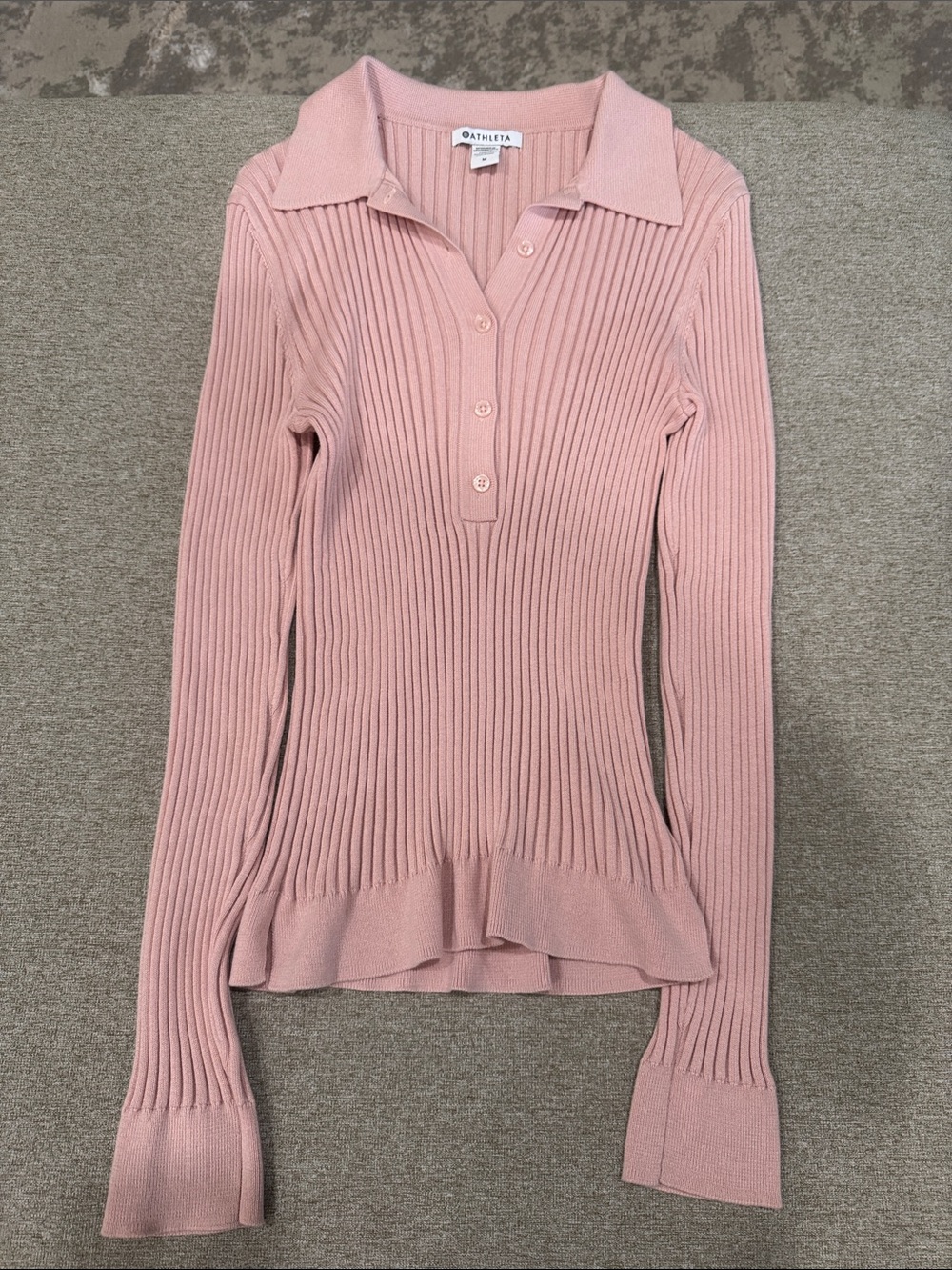 Athleta Ribbed Long-Sleeve Polo Sweater in Dusty Pink